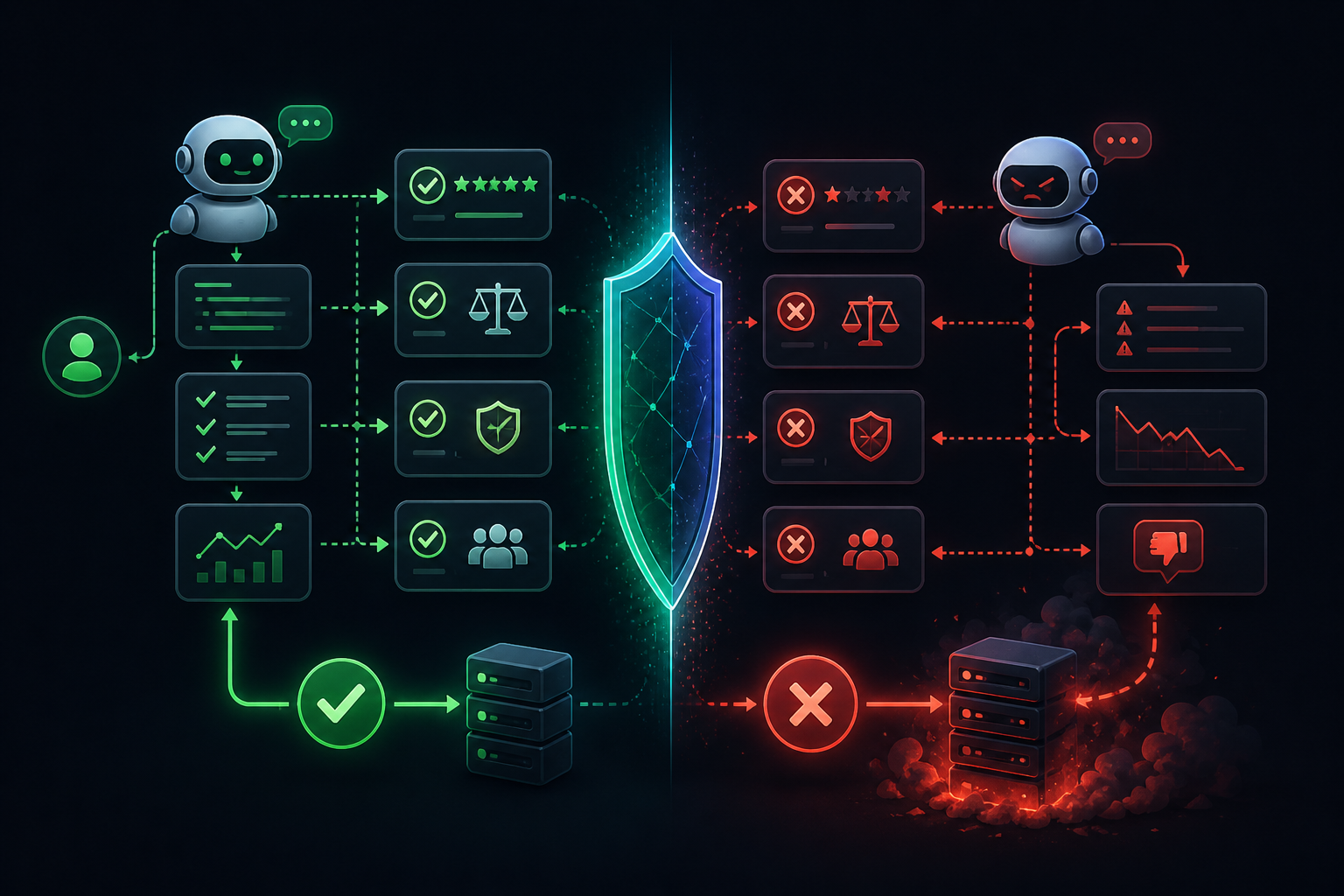 A split-screen, futuristic infographic showing two contrasting AI workflows. On the left, a clean and successful pipeline features a friendly robot, green checkmarks, rating stars, structured data panels, and upward-trending graphs flowing smoothly into stable servers. On the right, a broken and failing pipeline shows an angry robot, red error icons, warning symbols, declining charts, and unstable servers emitting smoke. A glowing shield stands in the center, separating the reliable system from the failing one, symbolizing protection and validation.