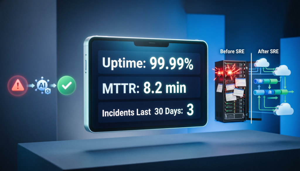 AI-powered SRE agent dashboard showing automated incident triage and resolution workflow