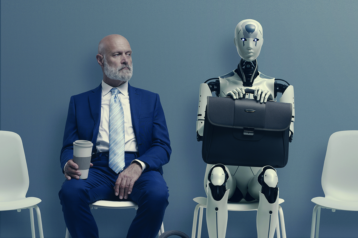 Man and AI robot waiting for a job interview: AI vs human competition