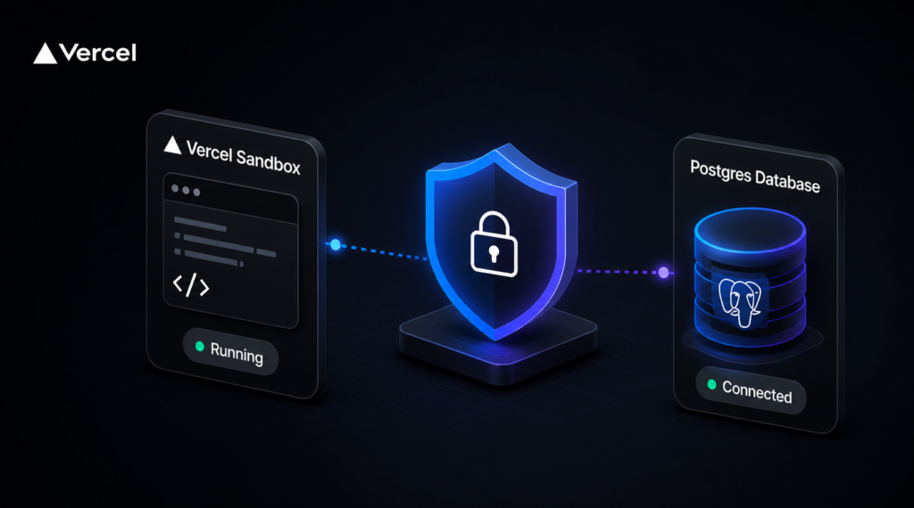 Vercel Sandbox firewall interface showing Postgres database connection configuration with allowed domains