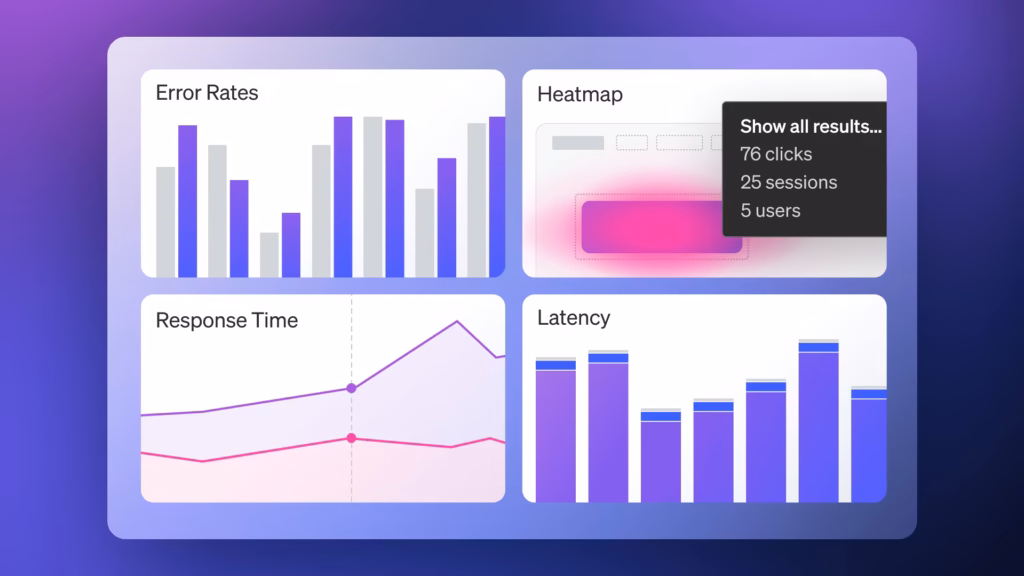 Abstract illustration showing data flows and monitoring dashboards for LLM observability in AI production systems