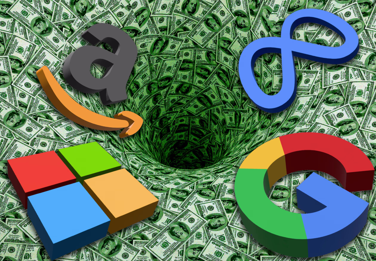 Four Big Tech logos, Alphabet, Amazon, Meta, and Microsoft, against a backdrop of a glowing AI data center