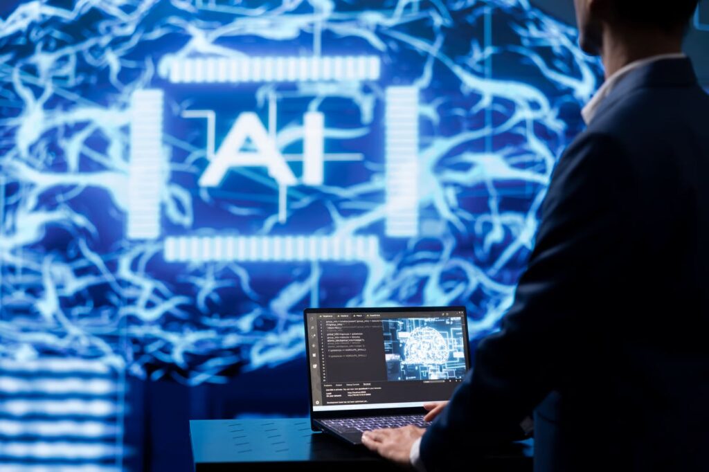 A glowing network of cloud servers and AI nodes connected across a dark digital grid