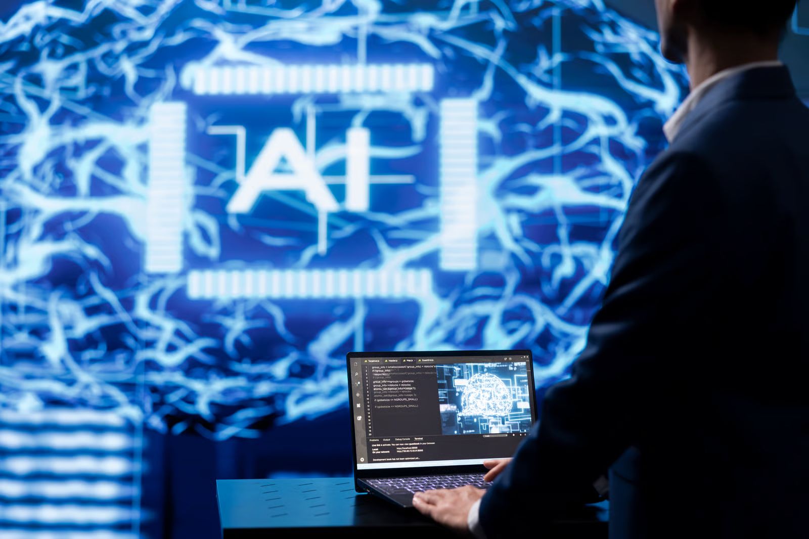A glowing network of cloud servers and AI nodes connected across a dark digital grid