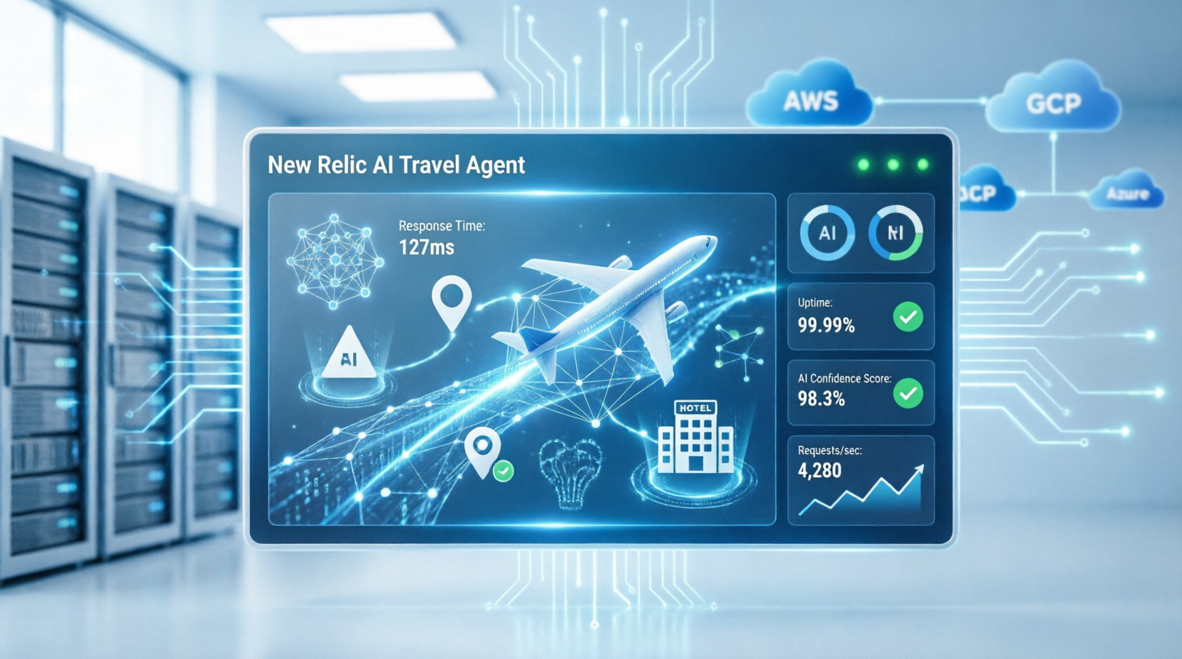 WanderAI AI travel agent production observability dashboard with New Relic and OpenTelemetry tracing