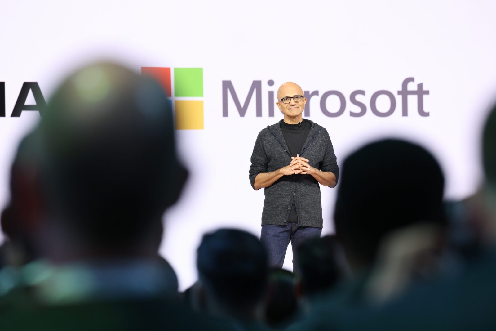 Microsoft Build 2026 stage with CEO Satya Nadella presenting the agent-first Windows platform to developers