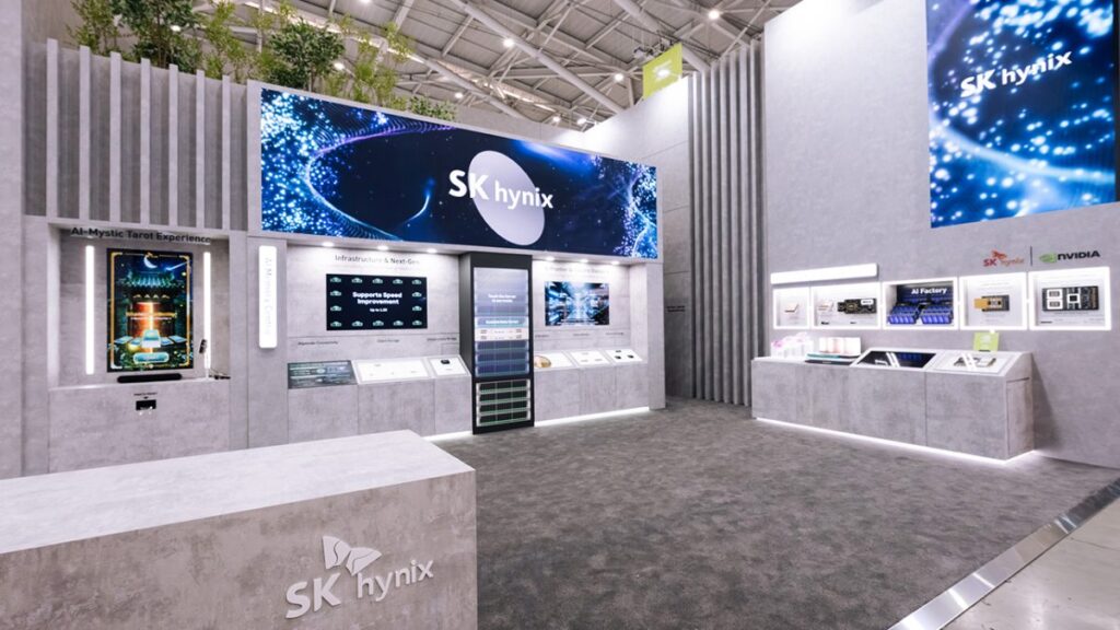 SK hynix booth at COMPUTEX Taipei 2026 displaying AI memory products including HBM4 and HBM3E alongside NVIDIA systems