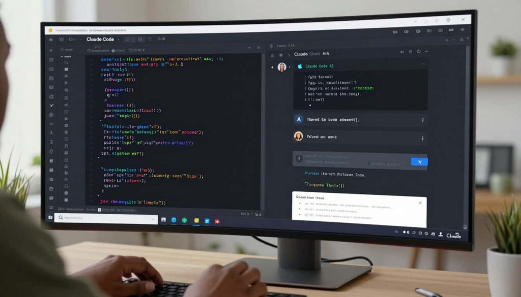A Nigerian software developer coding on a laptop with AI assistant suggestions visible on screen, Lagos tech office setting