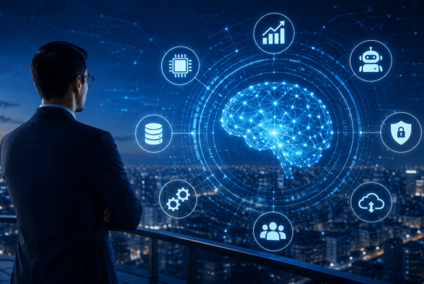 A modern AI data center with rows of glowing GPU servers and cooling systems