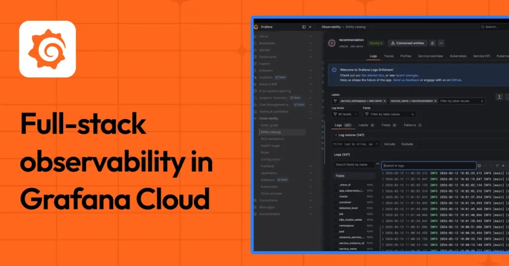 Grafana Cloud full-stack observability dashboard showing service and infrastructure relationships