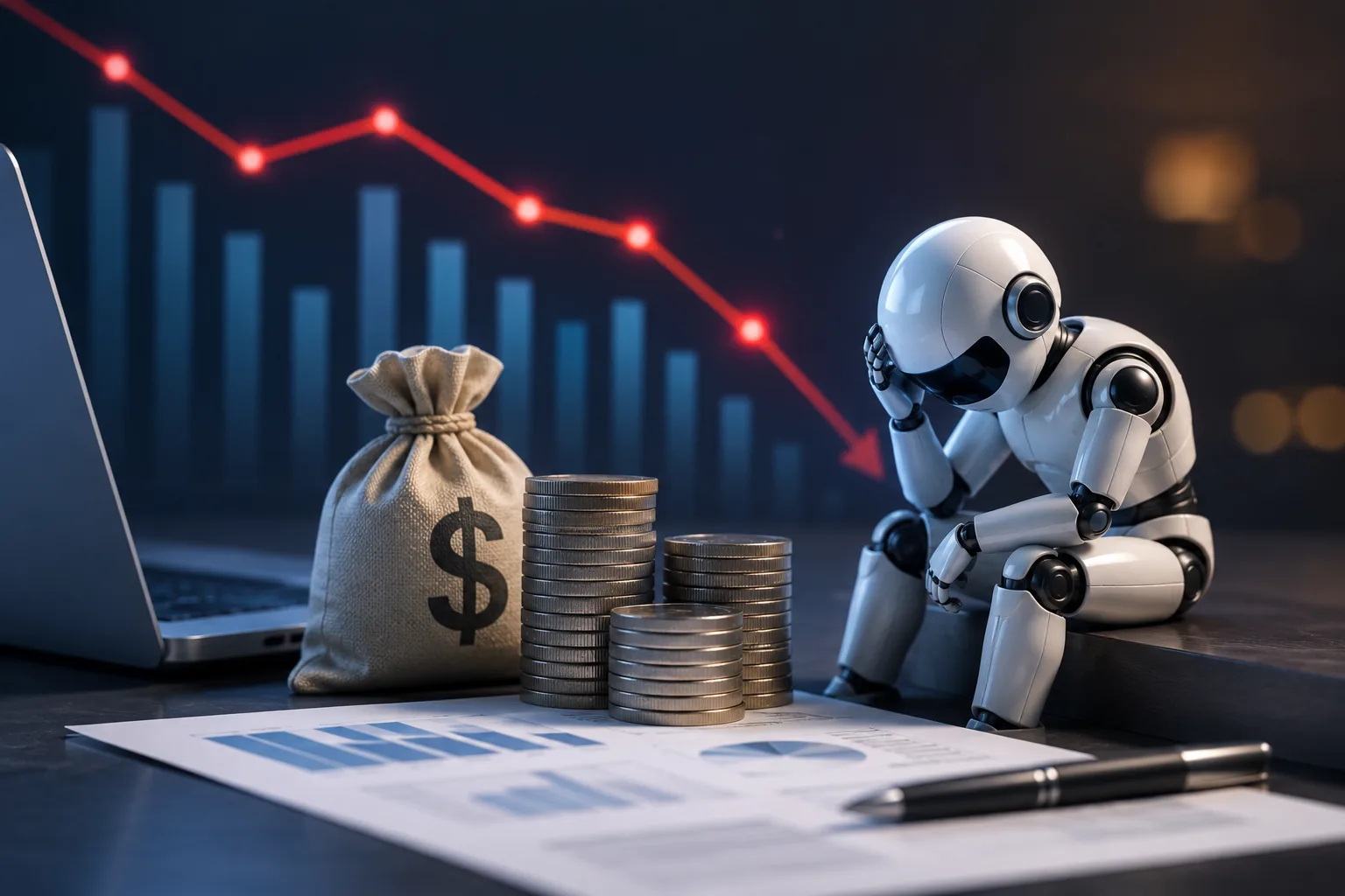A business professional stares at a rising cost graph on a laptop screen in a modern office, surrounded by AI interface windows