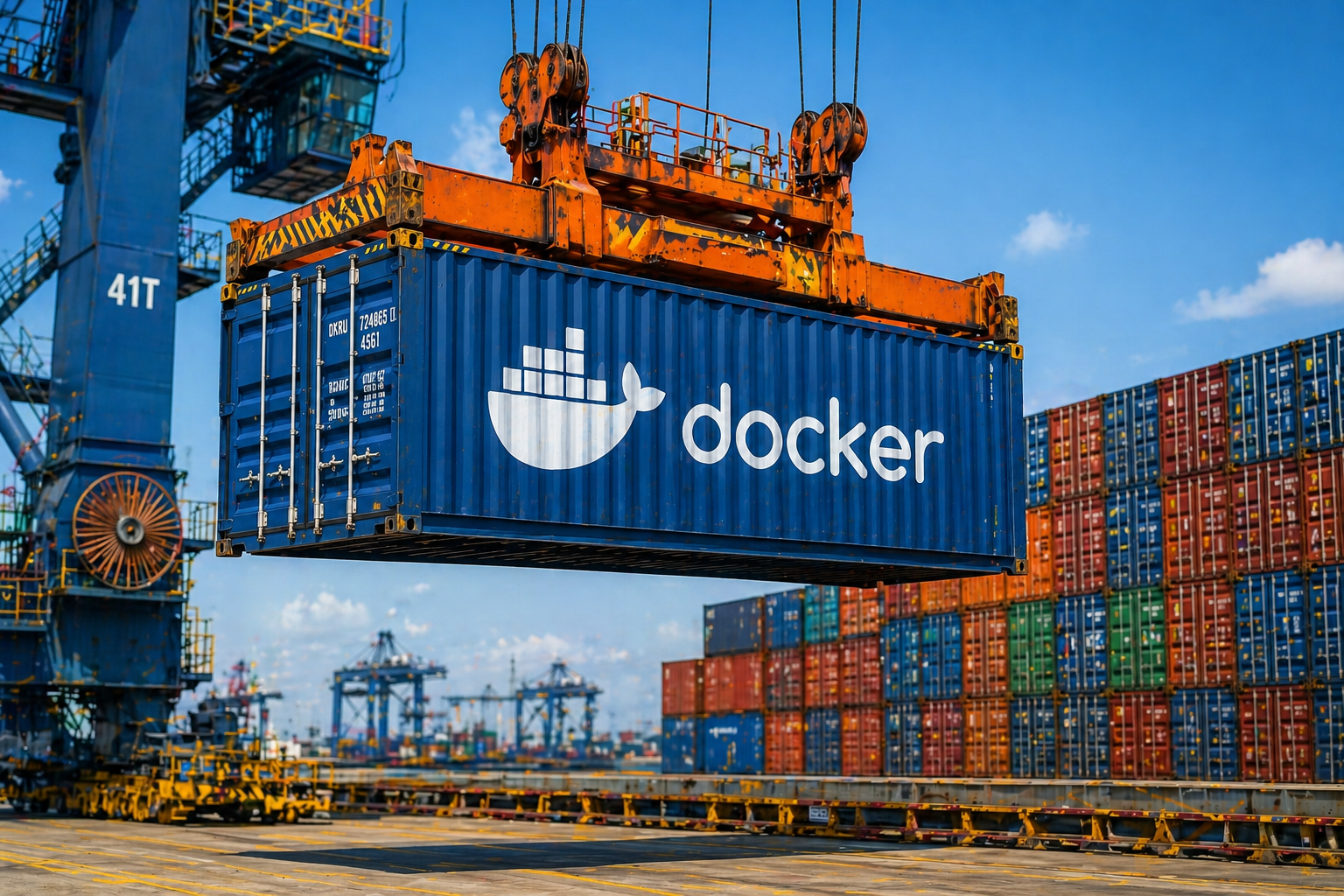 A developer in Lagos working with Docker containers on a laptop connected to a cloud AI environment