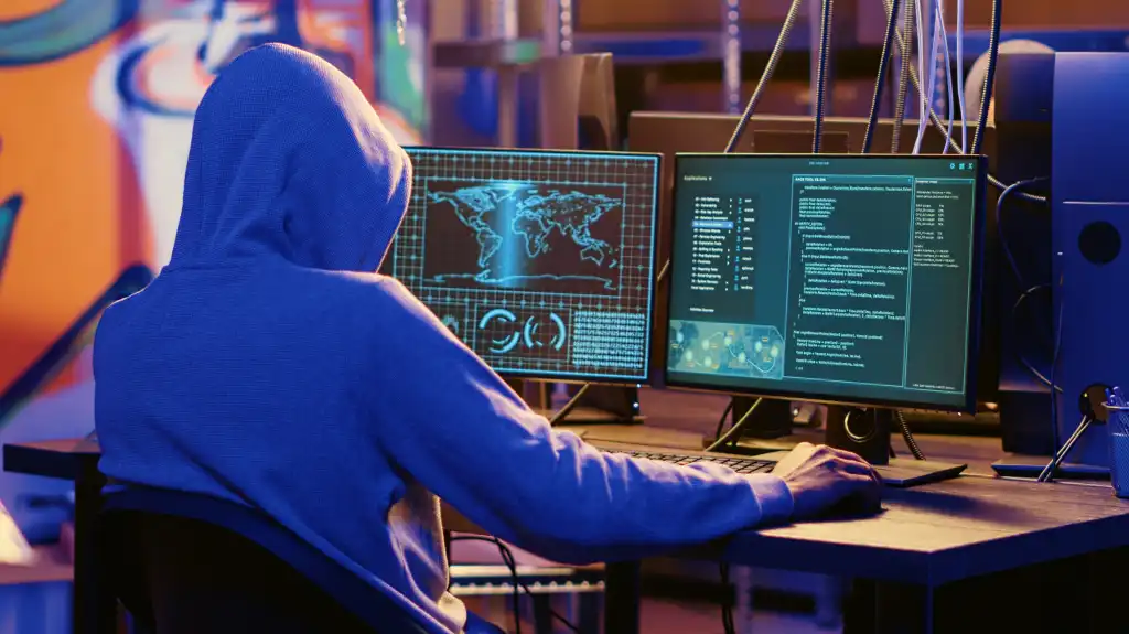 A glowing server rack in a dark data center surrounded by digital threat indicators, representing AI infrastructure threats