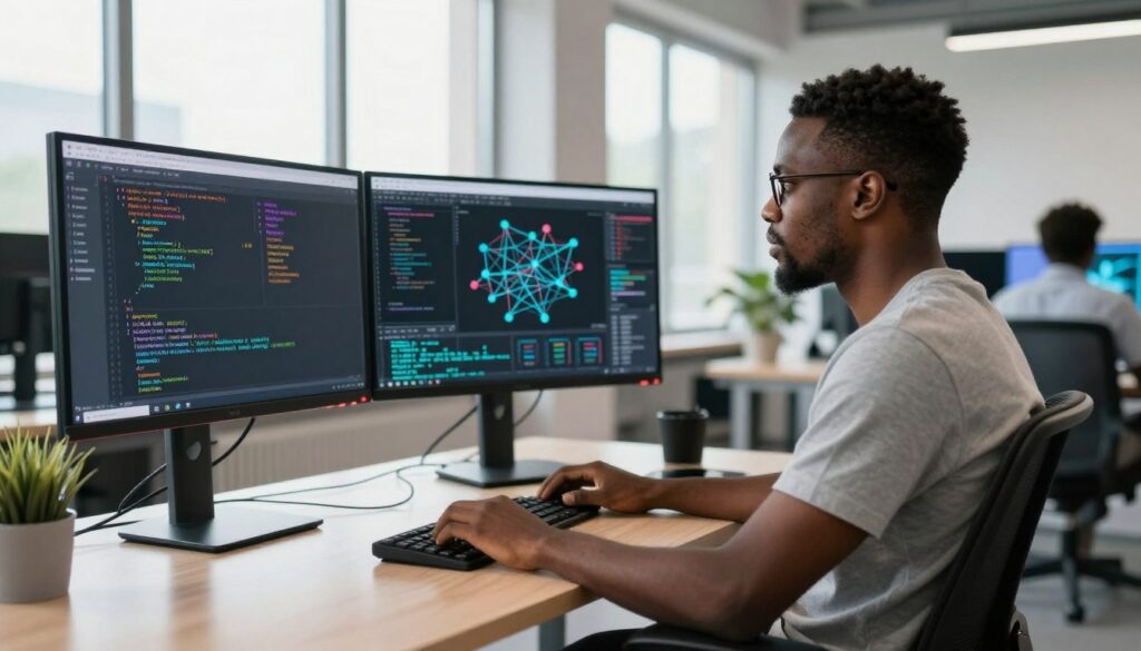 A developer working alongside an AI agent interface on dual monitors in a modern Lagos tech office