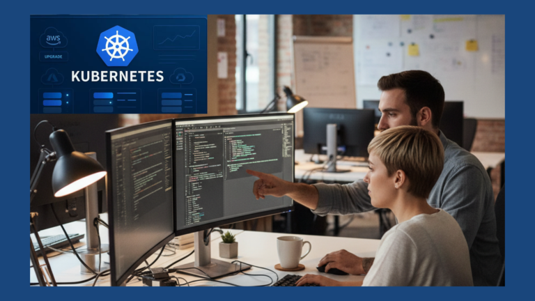 A developer monitoring AI inference workloads on a Kubernetes dashboard on a laptop screen in a modern tech workspace